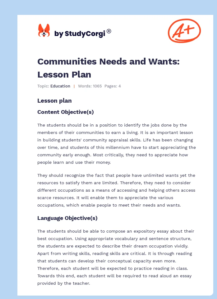 Communities Needs and Wants: Lesson Plan. Page 1