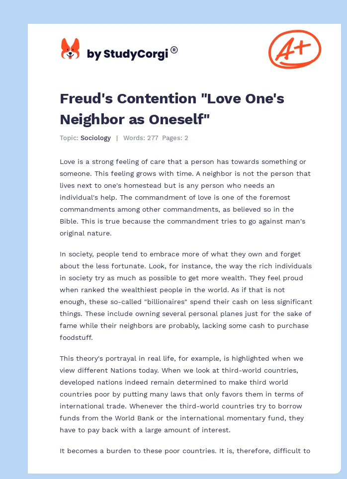 Freud's Contention "Love One's Neighbor as Oneself". Page 1