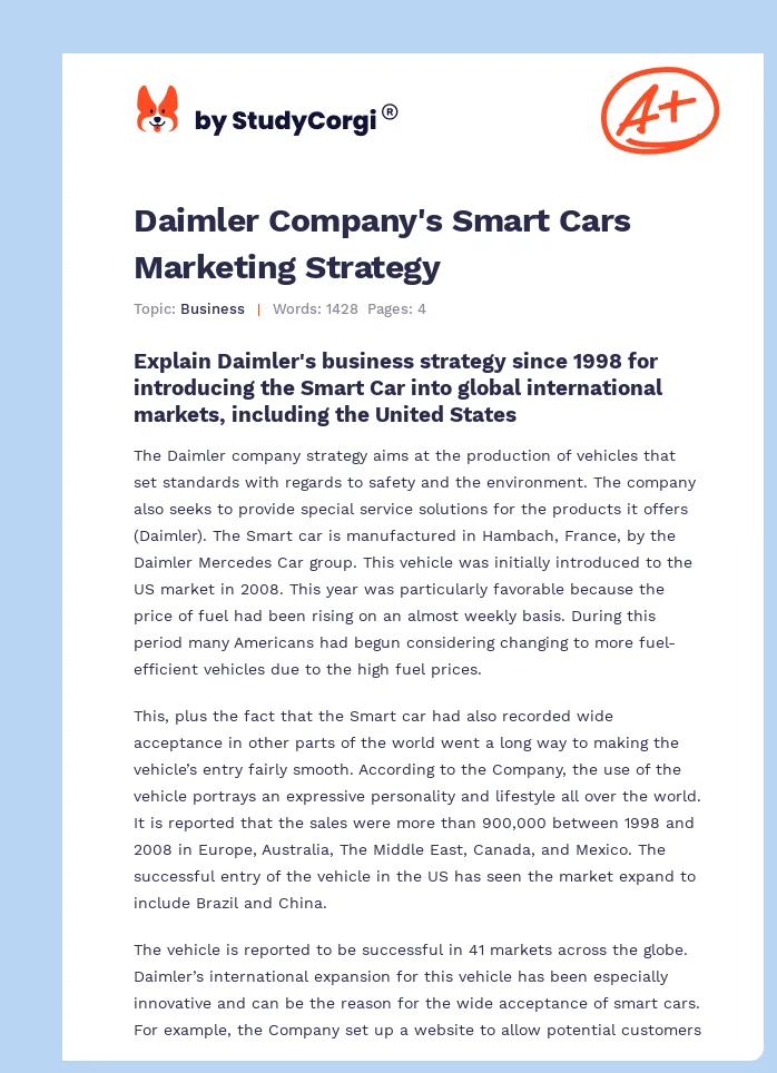 Daimler Company's Smart Cars Marketing Strategy. Page 1