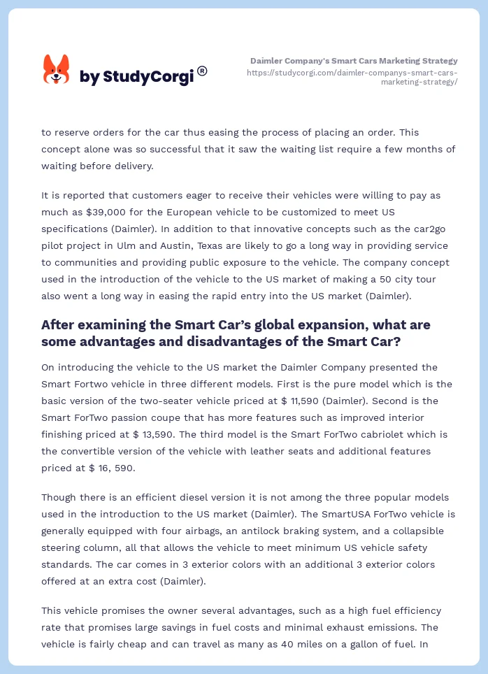 Daimler Company's Smart Cars Marketing Strategy. Page 2