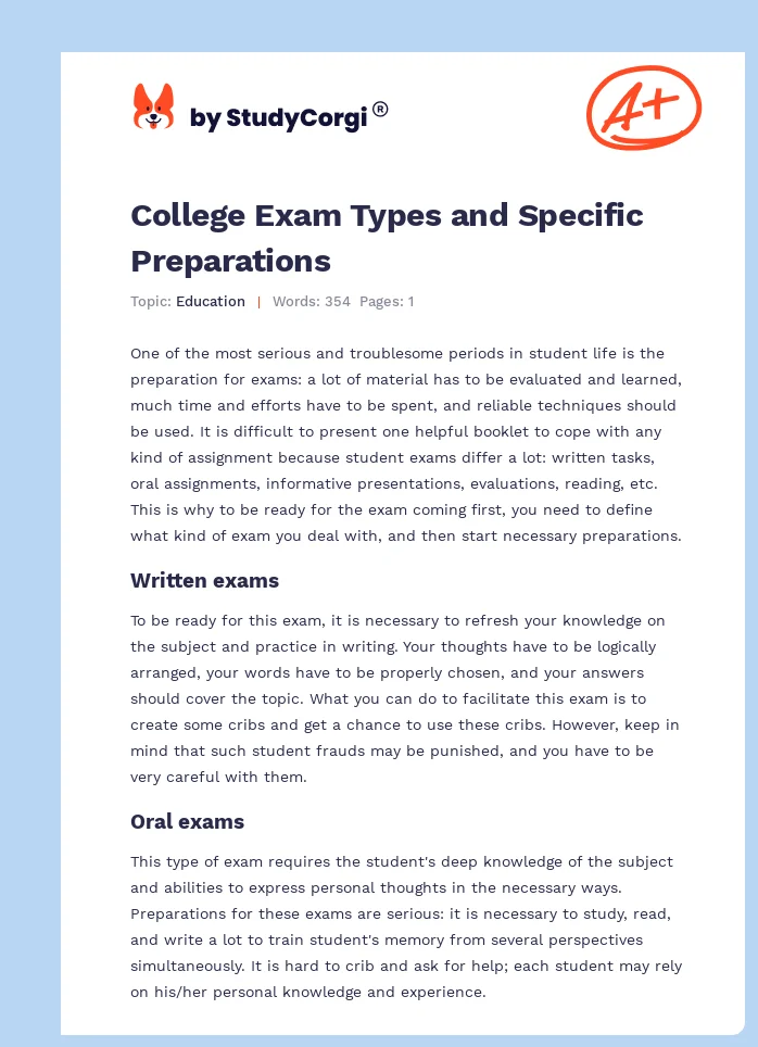 College Exam Types and Specific Preparations. Page 1