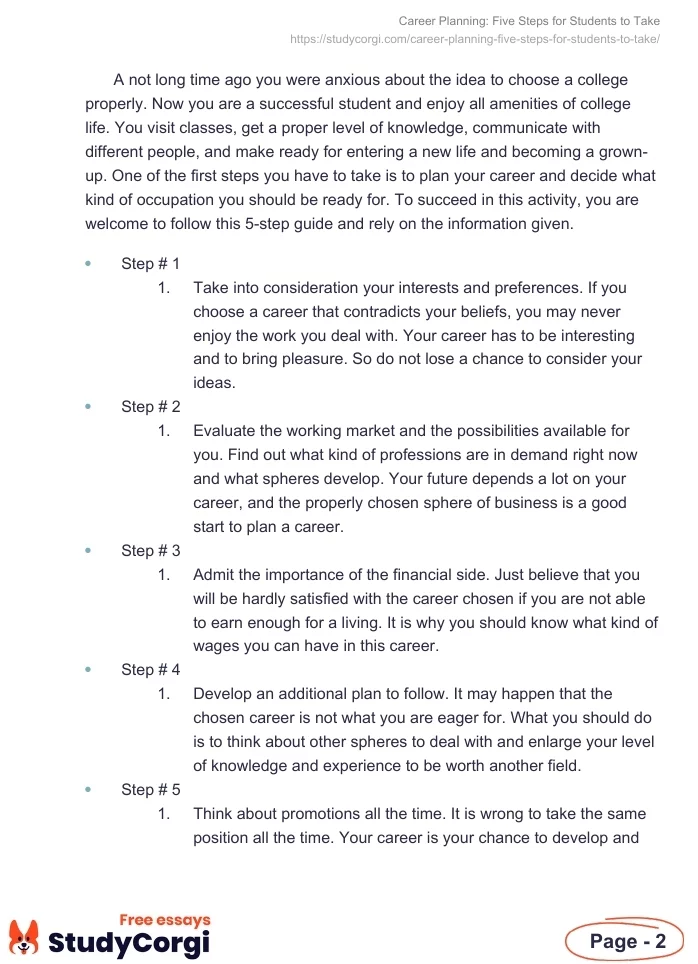 Career Planning: Five Steps for Students to Take. Page 2
