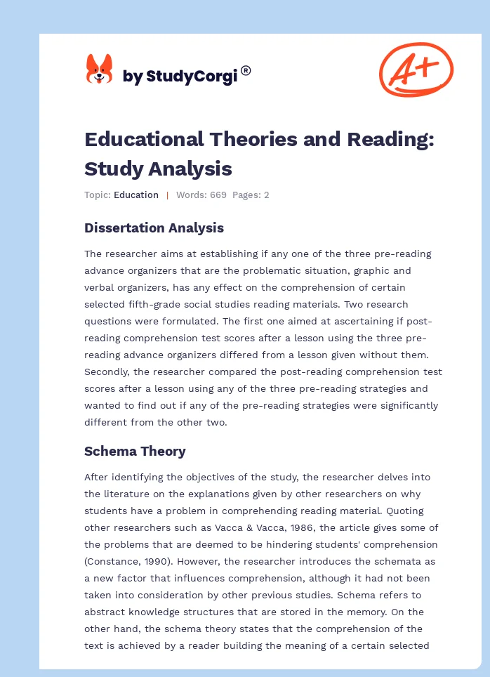 Educational Theories and Reading: Study Analysis. Page 1