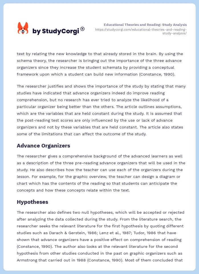 Educational Theories and Reading: Study Analysis. Page 2