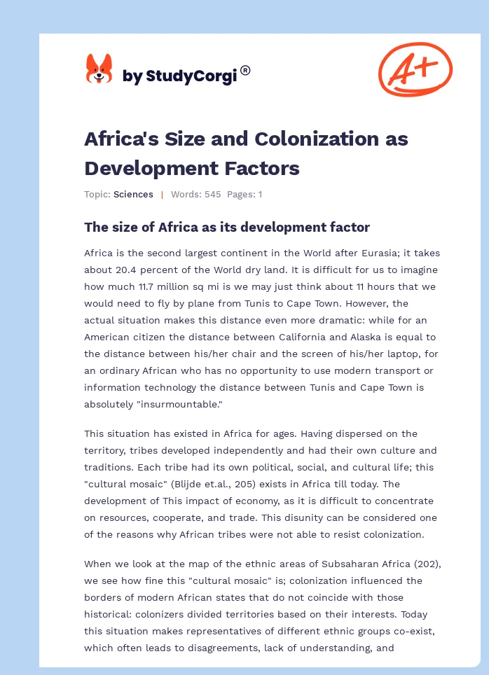 Africa's Size and Colonization as Development Factors. Page 1