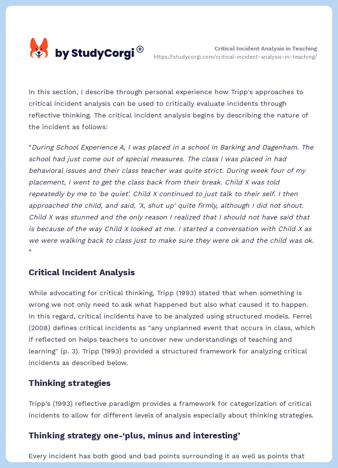 Critical Incident Analysis in Teaching. Page 2