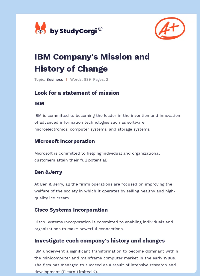 IBM Company's Mission and History of Change. Page 1