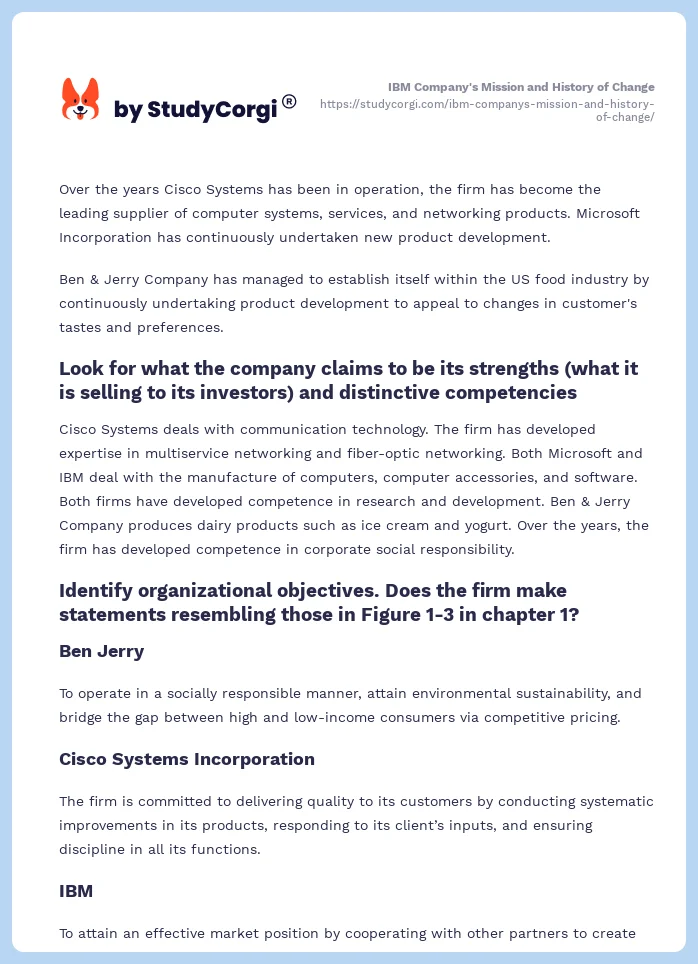 IBM Company's Mission and History of Change. Page 2