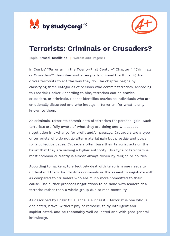 Terrorists: Criminals or Crusaders?. Page 1