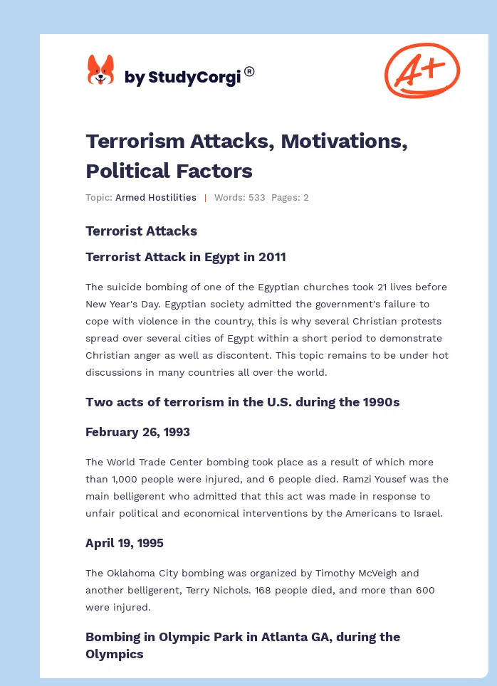 Terrorism Attacks, Motivations, Political Factors. Page 1