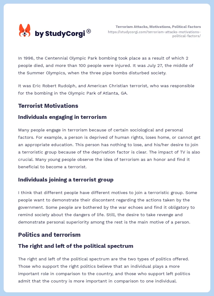 Terrorism Attacks, Motivations, Political Factors. Page 2