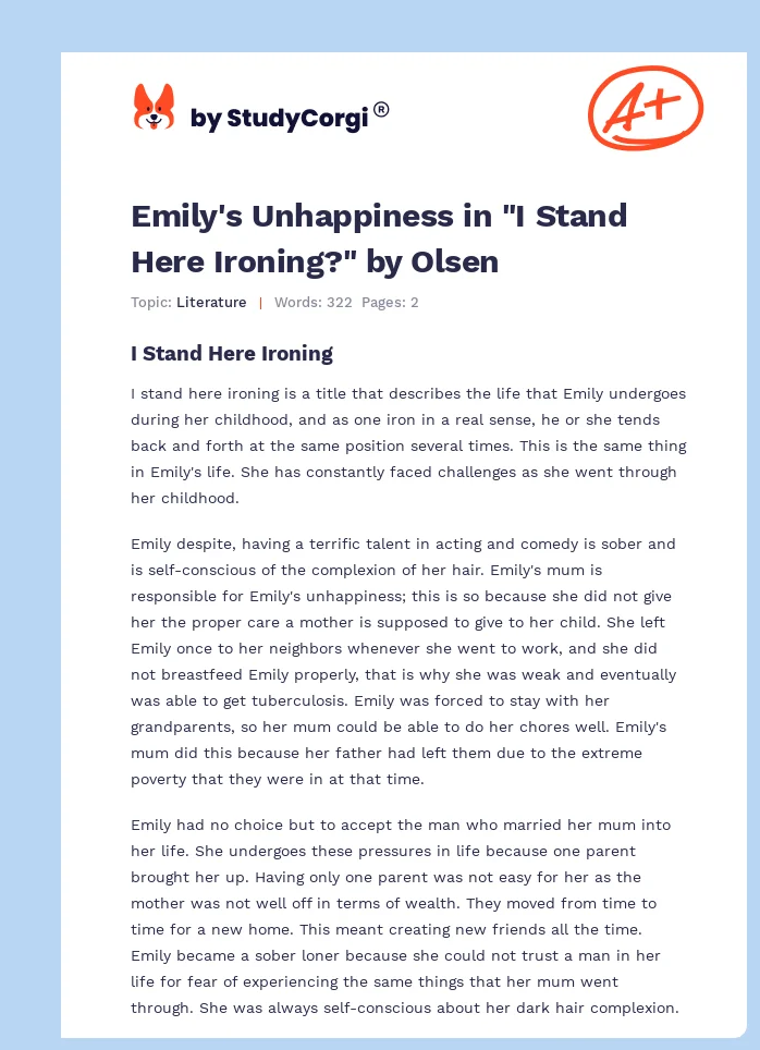 Emily's Unhappiness in "I Stand Here Ironing?" by Olsen. Page 1