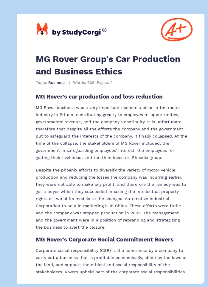 MG Rover Group's Car Production and Business Ethics. Page 1