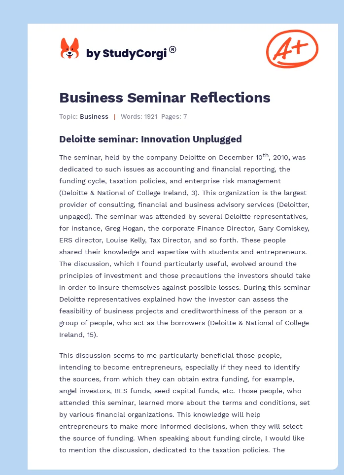 Business Seminar Reflections. Page 1