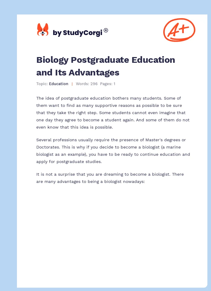 Biology Postgraduate Education and Its Advantages. Page 1