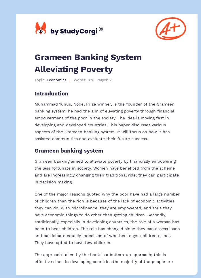 Grameen Banking System Alleviating Poverty. Page 1