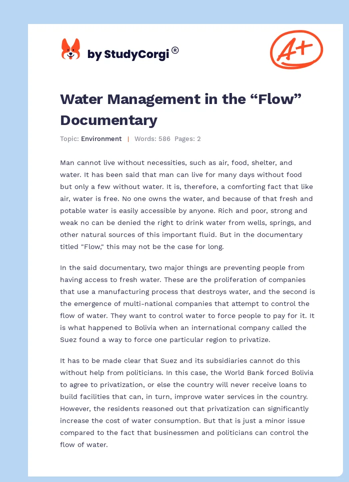 Water Management in the “Flow” Documentary. Page 1