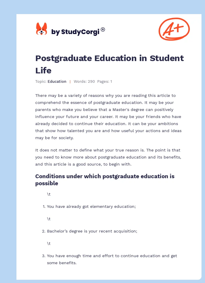 Postgraduate Education in Student Life. Page 1