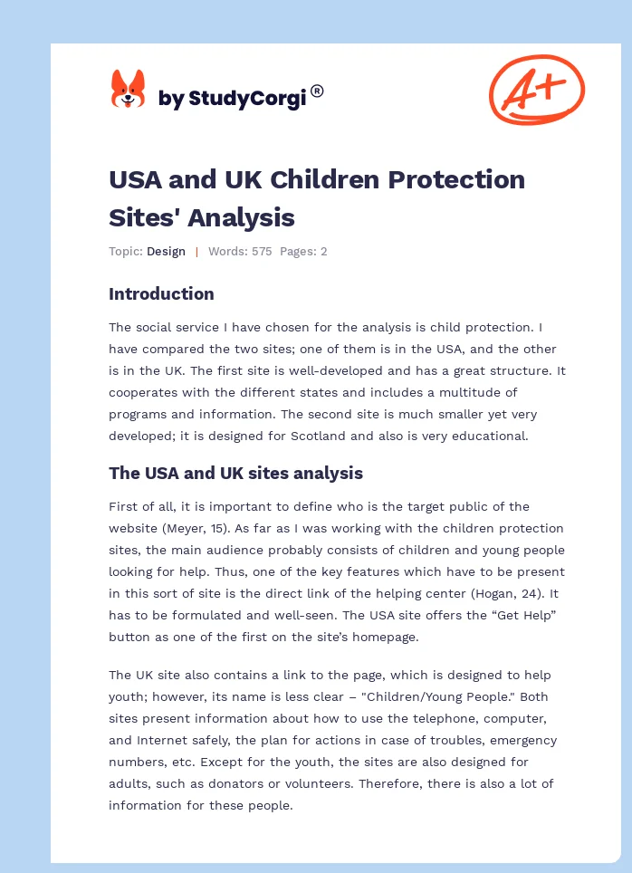 USA and UK Children Protection Sites' Analysis. Page 1