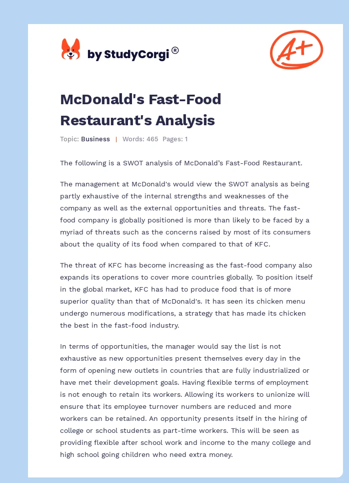 McDonald's Fast-Food Restaurant's Analysis. Page 1