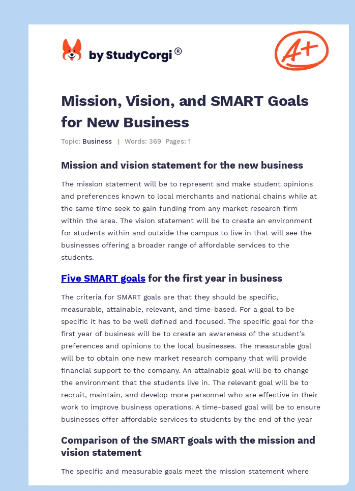 Mission, Vision, and SMART Goals for New Business. Page 1