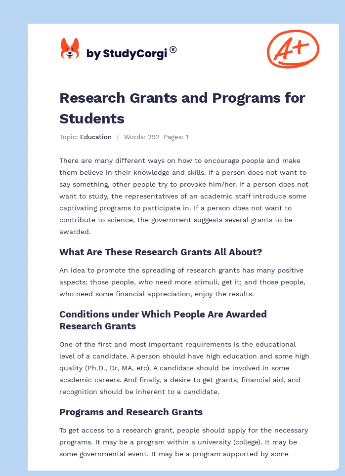 Research Grants and Programs for Students. Page 1