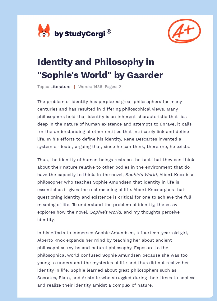 Identity and Philosophy in "Sophie's World" by Gaarder. Page 1