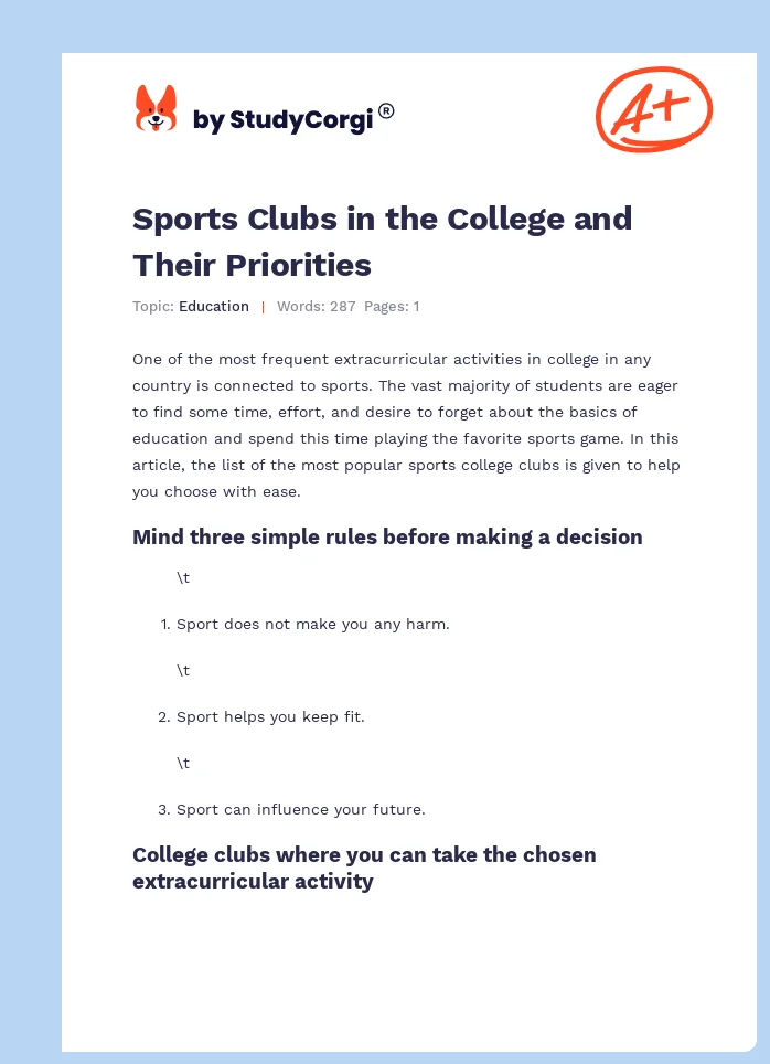Sports Clubs in the College and Their Priorities. Page 1