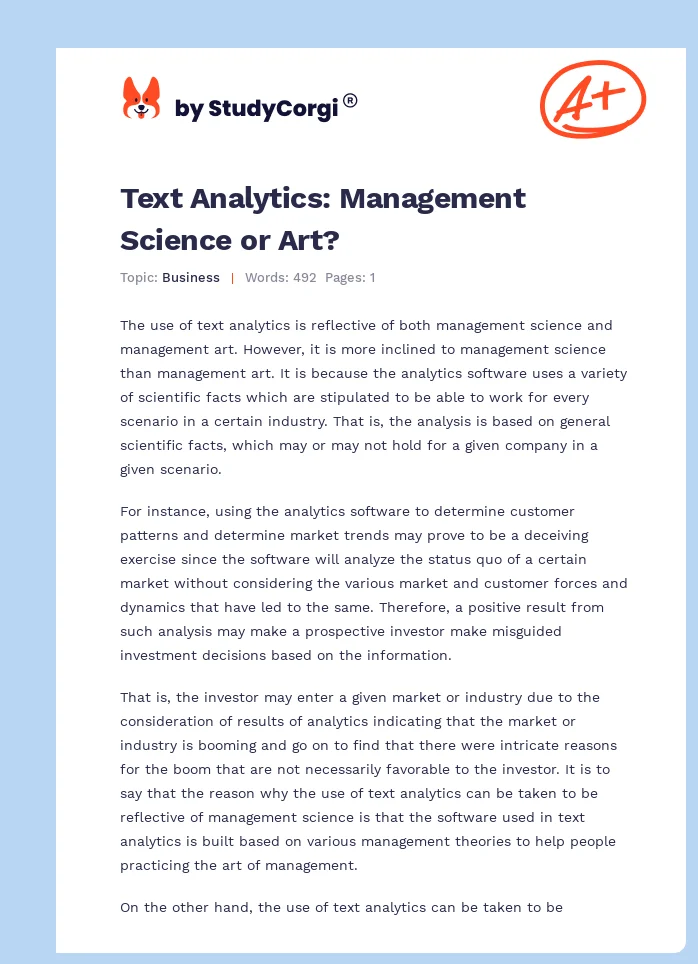 Text Analytics: Management Science or Art?. Page 1