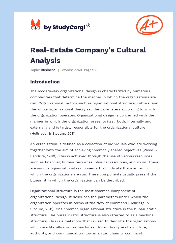 Real-Estate Company's Cultural Analysis. Page 1