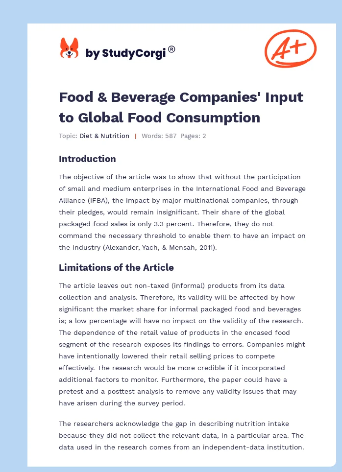 Food & Beverage Companies' Input to Global Food Consumption. Page 1