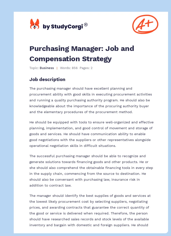 Purchasing Manager: Job and Compensation Strategy. Page 1