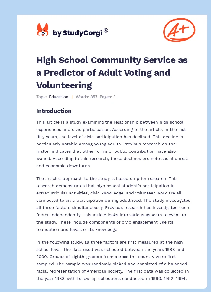High School Community Service as a Predictor of Adult Voting and Volunteering. Page 1