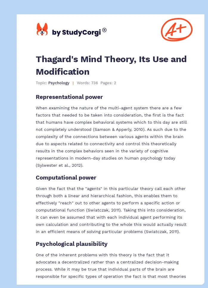 Thagard's Mind Theory, Its Use and Modification. Page 1