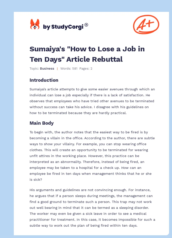 Sumaiya's "How to Lose a Job in Ten Days" Article Rebuttal. Page 1