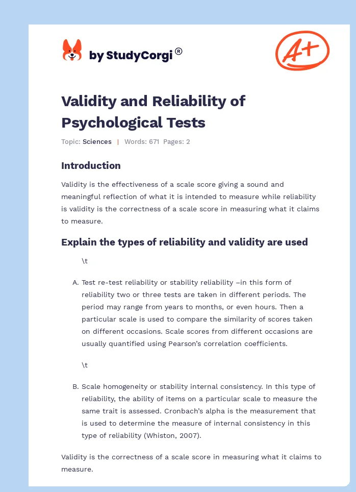 Validity and Reliability of Psychological Tests. Page 1