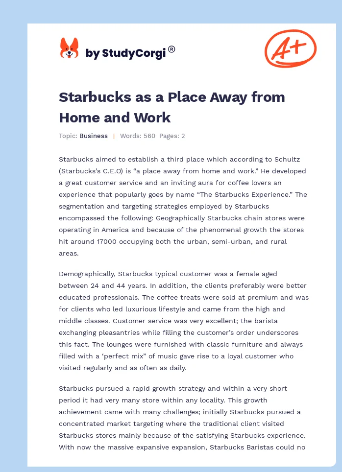 Starbucks as a Place Away from Home and Work. Page 1