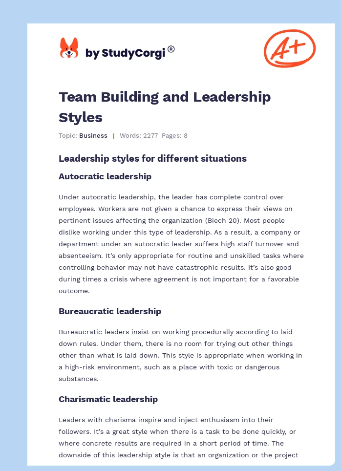 Team Building and Leadership Styles. Page 1