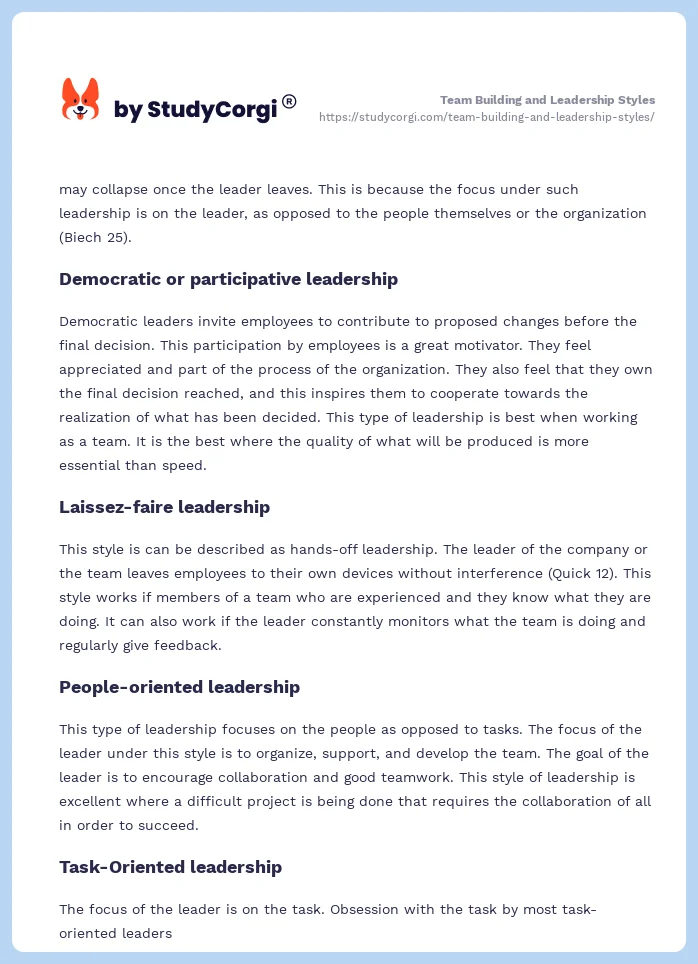 Team Building and Leadership Styles. Page 2