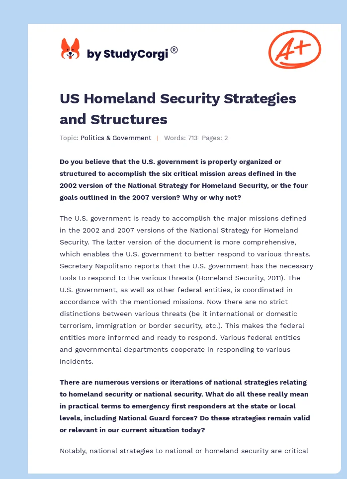 US Homeland Security Strategies and Structures. Page 1