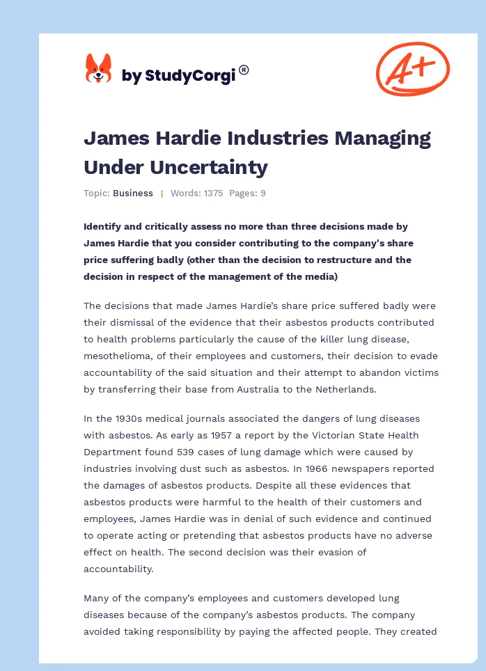 James Hardie Industries Managing Under Uncertainty. Page 1