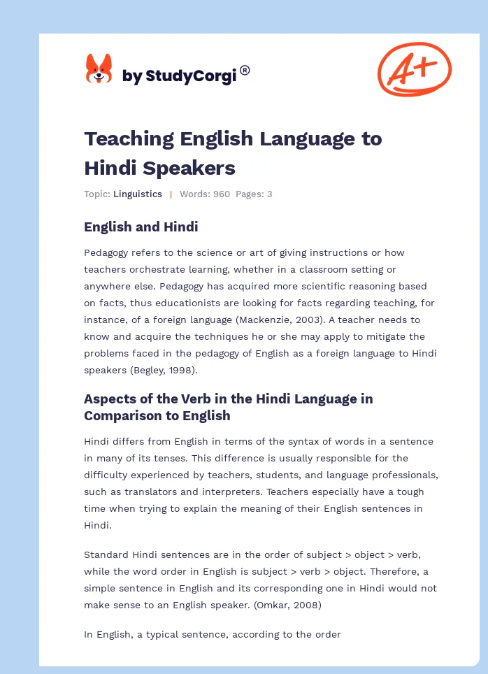 Teaching English Language to Hindi Speakers. Page 1