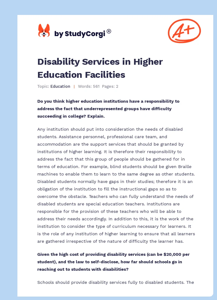 Disability Services in Higher Education Facilities. Page 1