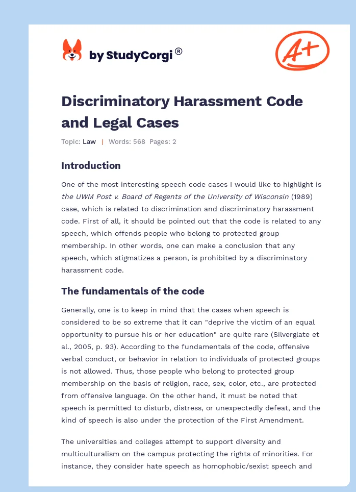 Discriminatory Harassment Code and Legal Cases. Page 1