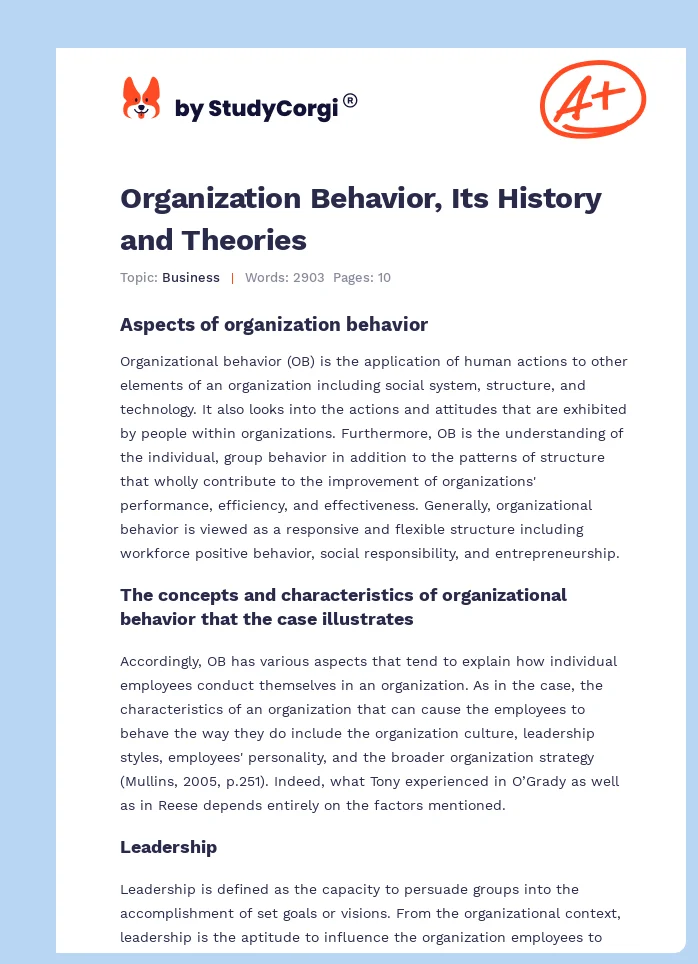 Organization Behavior, Its History and Theories. Page 1