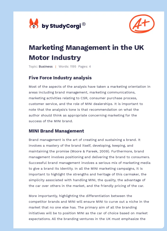 Marketing Management in the UK Motor Industry. Page 1