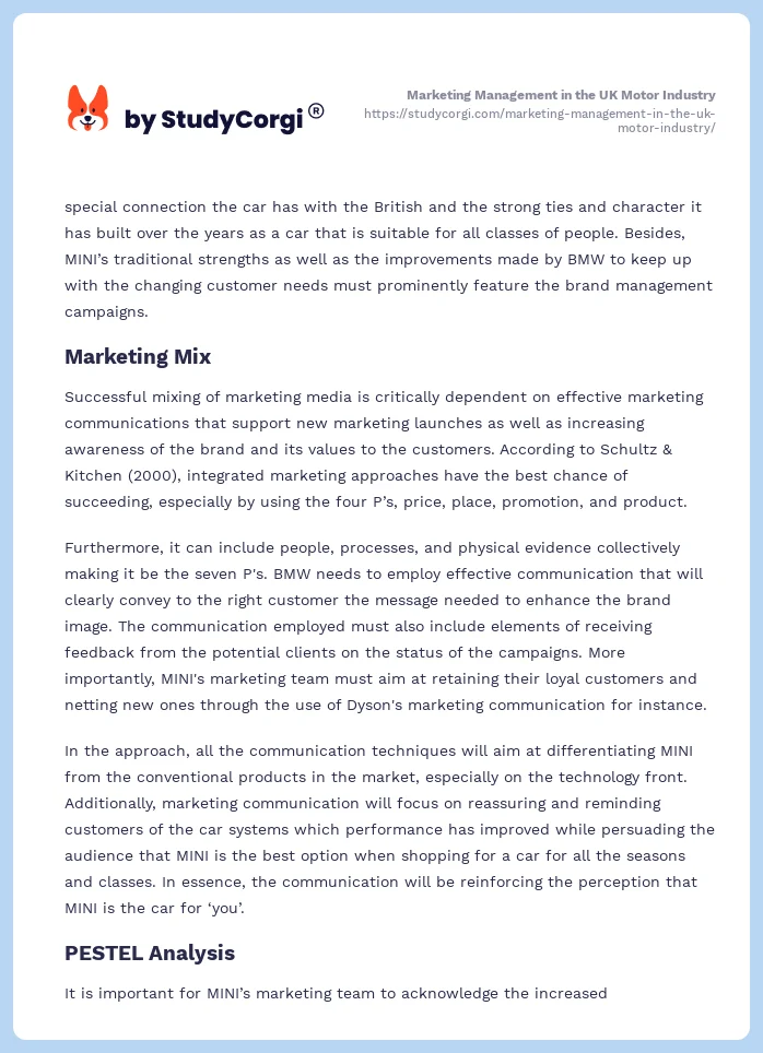 Marketing Management in the UK Motor Industry. Page 2