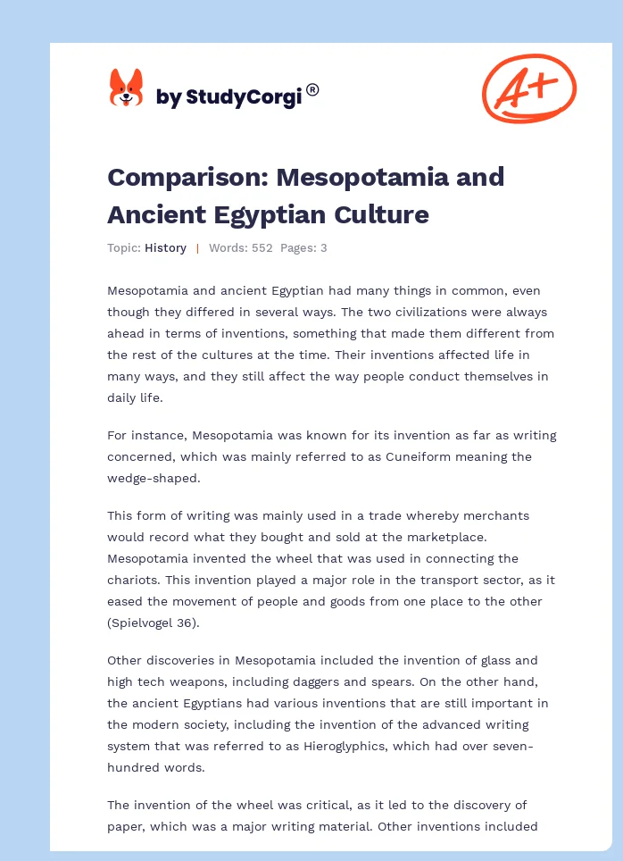 Comparison: Mesopotamia and Ancient Egyptian Culture. Page 1