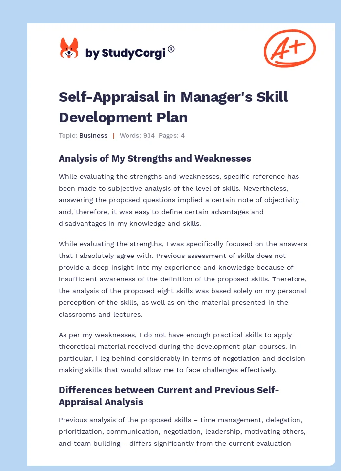 Self-Appraisal in Manager's Skill Development Plan. Page 1