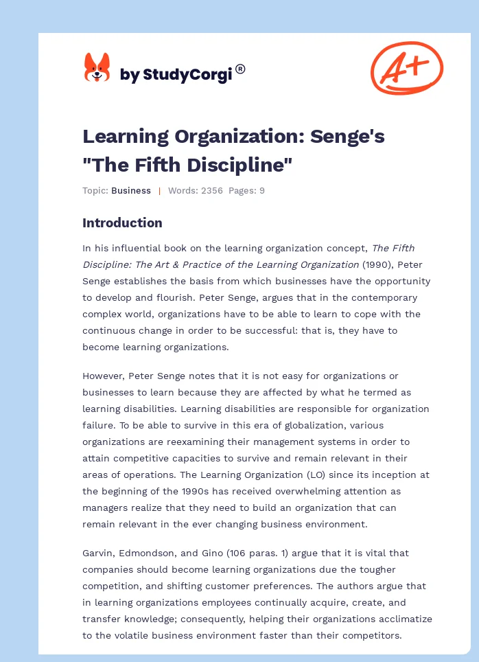 Learning Organization: Senge's "The Fifth Discipline". Page 1